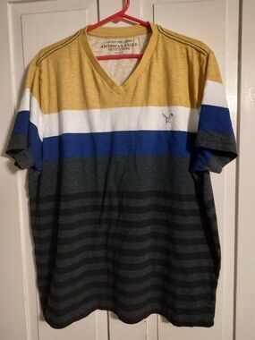 American Eagle Outfitters Men's Striped V-Neck in Yellow, Blue & Gray
